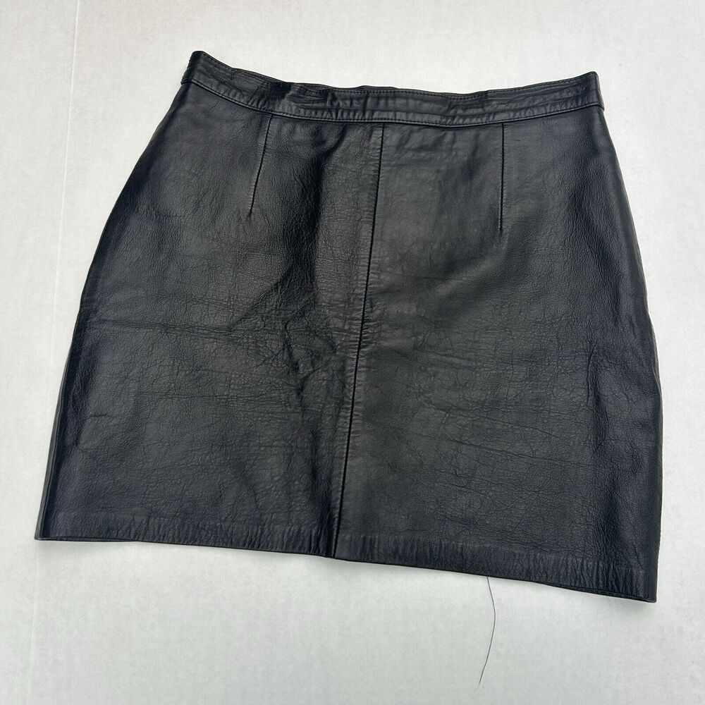 Vintage 100% Leather Skirt 11/12 Black Slit Moto Biker Goth Rock Y2K 90s Grunge